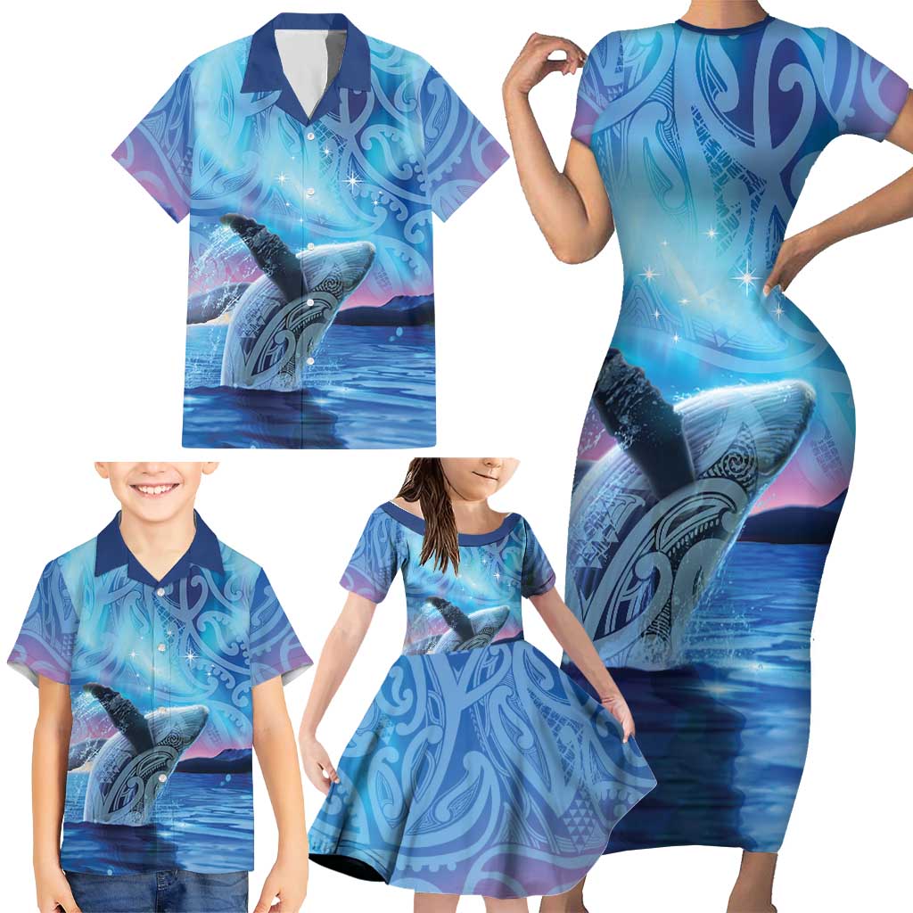 New Zealand Matariki Humpback Whale Family Matching Short Sleeve Bodycon Dress and Hawaiian Shirt Paikea Maori New Year Blue Galaxy