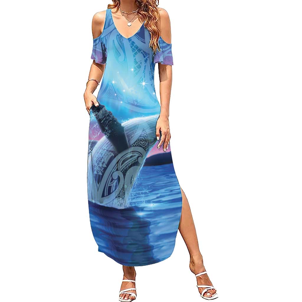 New Zealand Matariki Humpback Whale Family Matching Summer Maxi Dress and Hawaiian Shirt Paikea Maori New Year Blue Galaxy