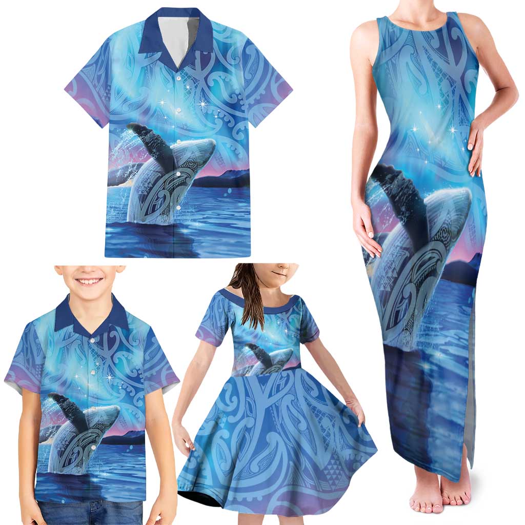 New Zealand Matariki Humpback Whale Family Matching Tank Maxi Dress and Hawaiian Shirt Paikea Maori New Year Blue Galaxy LT14 - Polynesian Pride