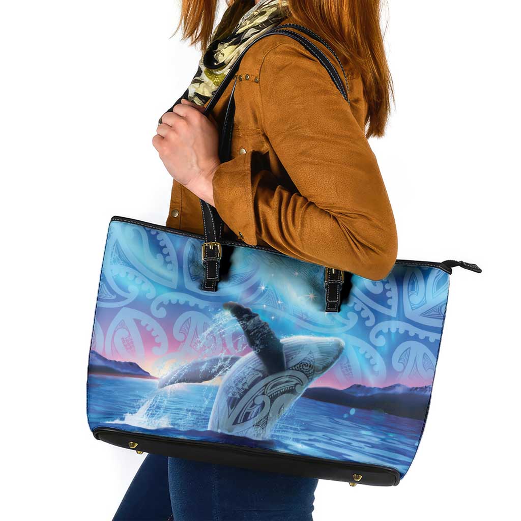 New Zealand Matariki Humpback Whale Leather Tote Bag Paikea Maori New Year Blue Galaxy LT14 Blue - Polynesian Pride