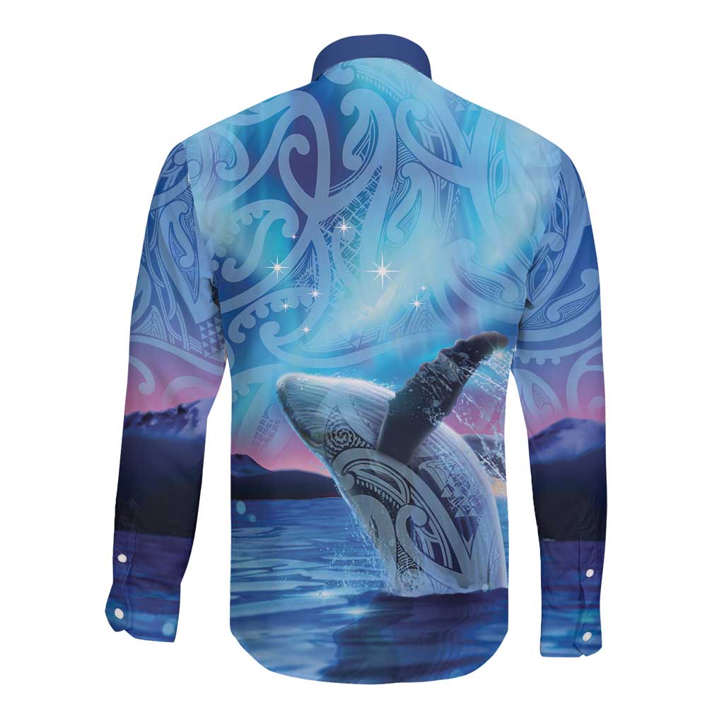 New Zealand Matariki Humpback Whale Long Sleeve Button Shirt Paikea Maori New Year Blue Galaxy