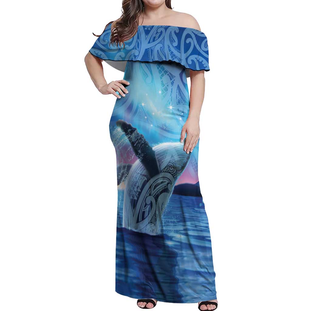 New Zealand Matariki Humpback Whale Off Shoulder Maxi Dress Paikea Maori New Year Blue Galaxy