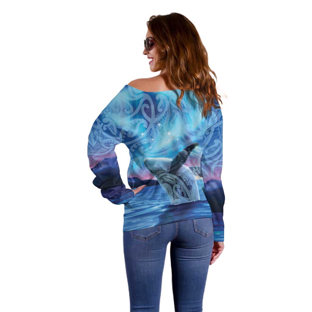 New Zealand Matariki Humpback Whale Off Shoulder Sweater Paikea Maori New Year Blue Galaxy LT14 - Polynesian Pride