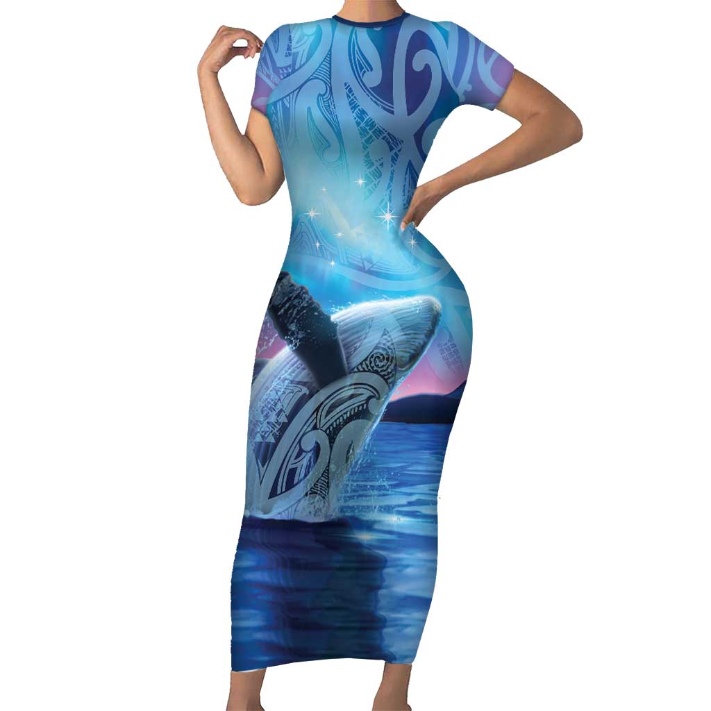 New Zealand Matariki Humpback Whale Short Sleeve Bodycon Dress Paikea Maori New Year Blue Galaxy