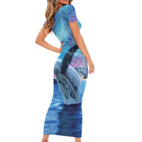 New Zealand Matariki Humpback Whale Short Sleeve Bodycon Dress Paikea Maori New Year Blue Galaxy