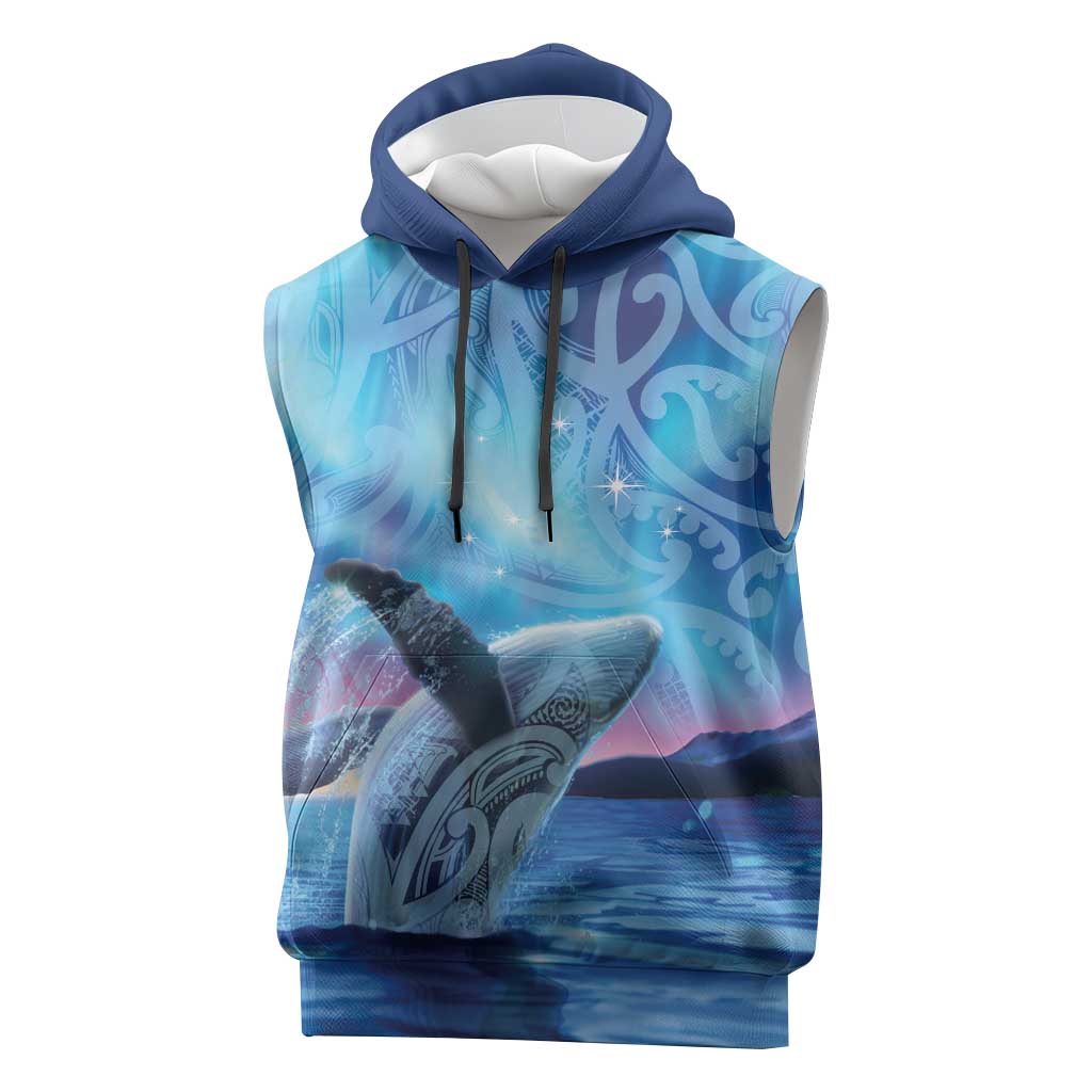 New Zealand Matariki Humpback Whale Sleeveless Hoodie Paikea Maori New Year Blue Galaxy