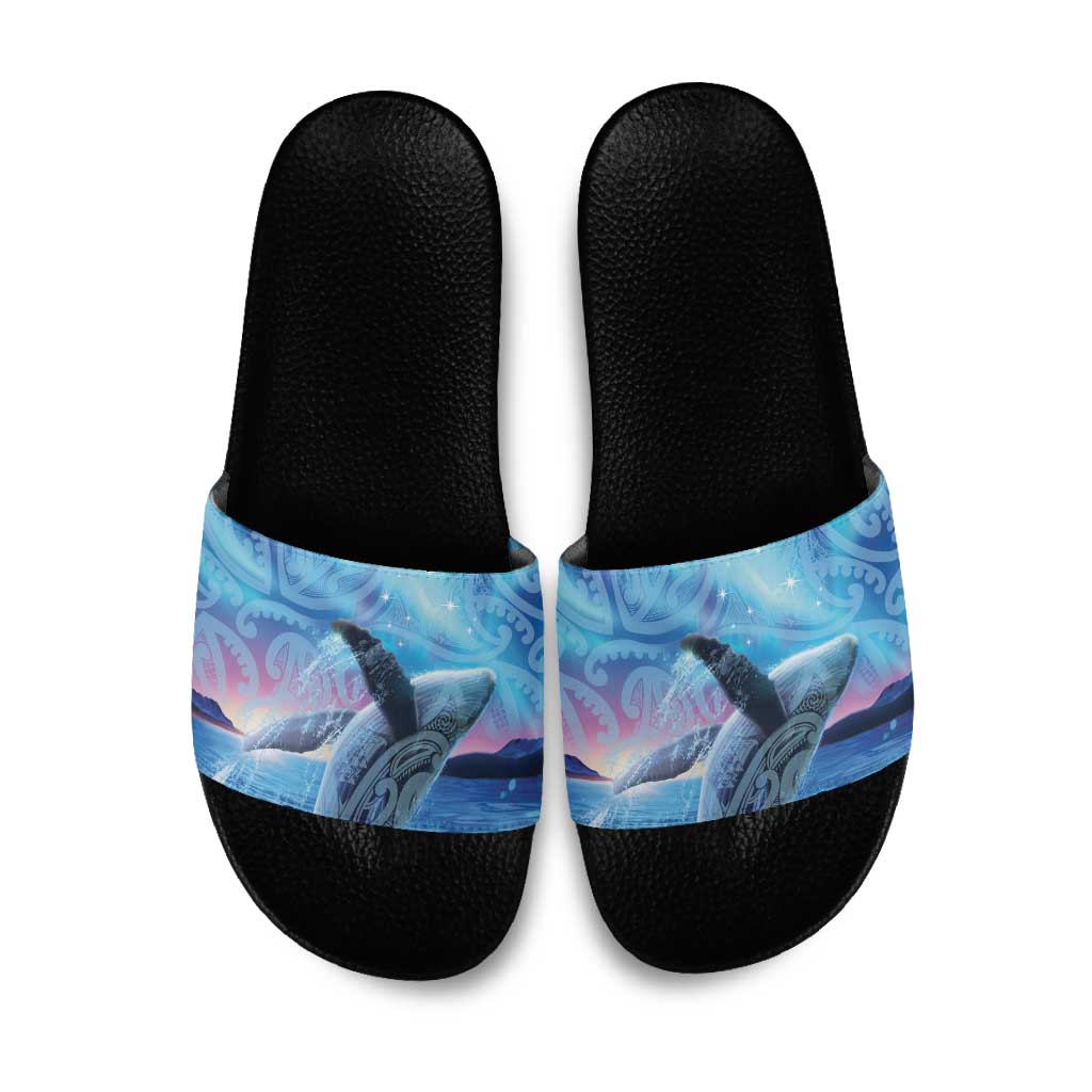 New Zealand Matariki Humpback Whale Slide Sandals Paikea Maori New Year Blue Galaxy