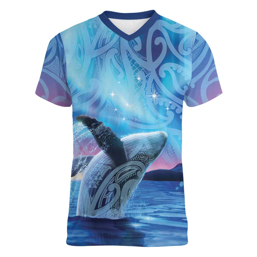 New Zealand Matariki Humpback Whale Women V-Neck T-Shirt Paikea Maori New Year Blue Galaxy