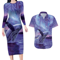 New Zealand Matariki Humpback Whale Couples Matching Long Sleeve Bodycon Dress and Hawaiian Shirt Paikea Maori New Year Purple Galaxy