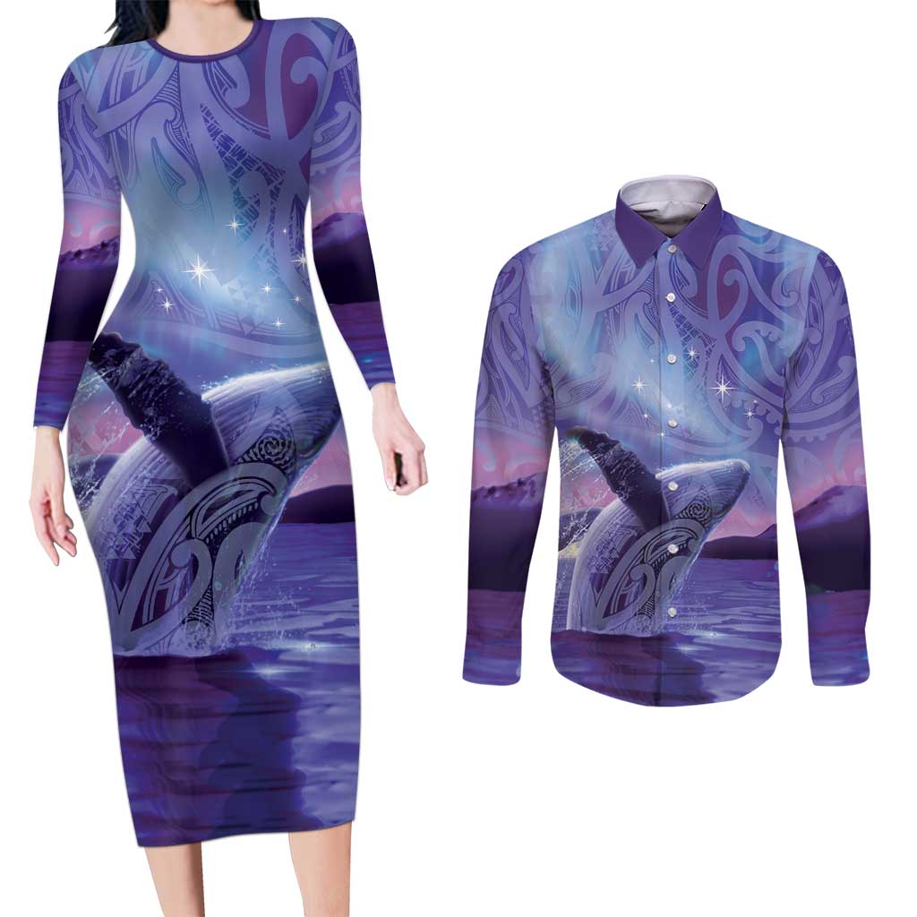 New Zealand Matariki Humpback Whale Couples Matching Long Sleeve Bodycon Dress and Long Sleeve Button Shirt Paikea Maori New Year Purple Galaxy