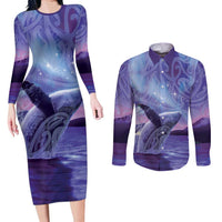 New Zealand Matariki Humpback Whale Couples Matching Long Sleeve Bodycon Dress and Long Sleeve Button Shirt Paikea Maori New Year Purple Galaxy