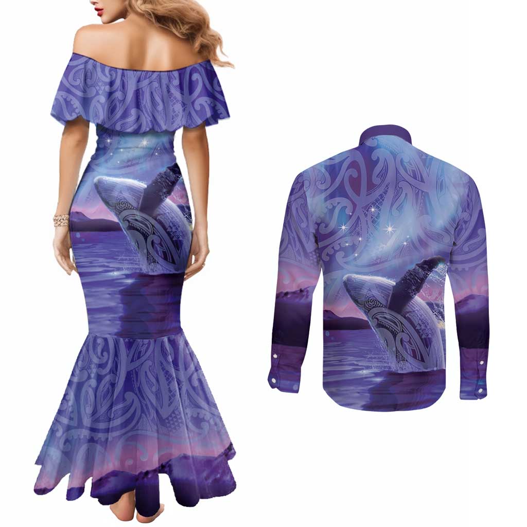 New Zealand Matariki Humpback Whale Couples Matching Mermaid Dress and Long Sleeve Button Shirt Paikea Maori New Year Purple Galaxy