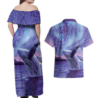 New Zealand Matariki Humpback Whale Couples Matching Off Shoulder Maxi Dress and Hawaiian Shirt Paikea Maori New Year Purple Galaxy