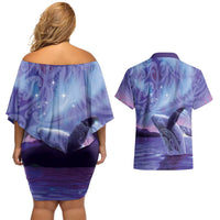 New Zealand Matariki Humpback Whale Couples Matching Off Shoulder Short Dress and Hawaiian Shirt Paikea Maori New Year Purple Galaxy