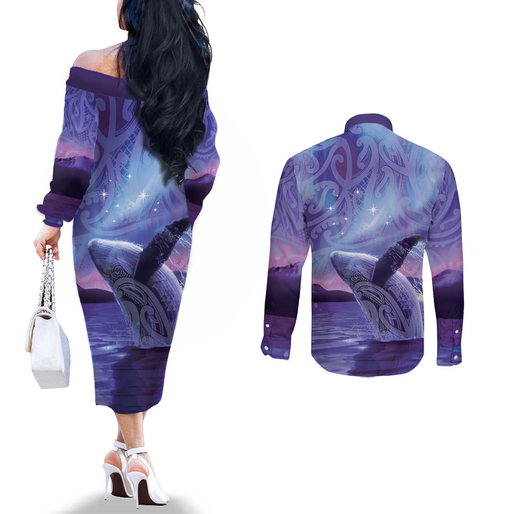 New Zealand Matariki Humpback Whale Couples Matching Off The Shoulder Long Sleeve Dress and Long Sleeve Button Shirt Paikea Maori New Year Purple Galaxy