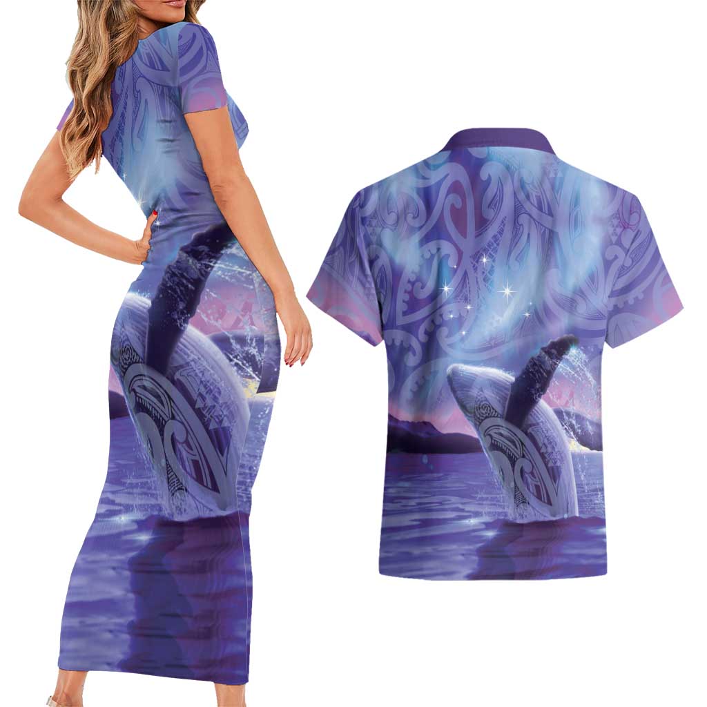 New Zealand Matariki Humpback Whale Couples Matching Short Sleeve Bodycon Dress and Hawaiian Shirt Paikea Maori New Year Purple Galaxy