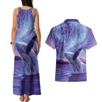 New Zealand Matariki Humpback Whale Couples Matching Tank Maxi Dress and Hawaiian Shirt Paikea Maori New Year Purple Galaxy