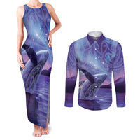 New Zealand Matariki Humpback Whale Couples Matching Tank Maxi Dress and Long Sleeve Button Shirt Paikea Maori New Year Purple Galaxy