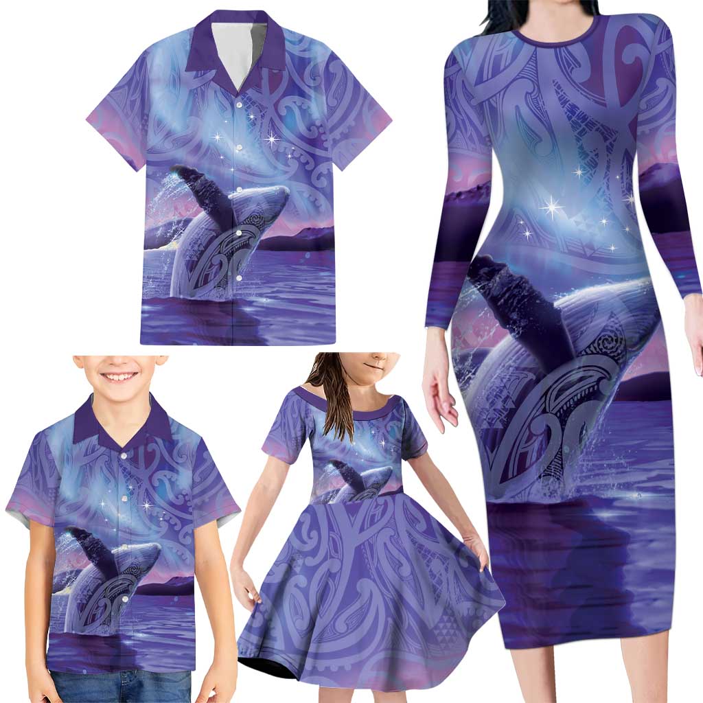 New Zealand Matariki Humpback Whale Family Matching Long Sleeve Bodycon Dress and Hawaiian Shirt Paikea Maori New Year Purple Galaxy LT14 - Polynesian Pride