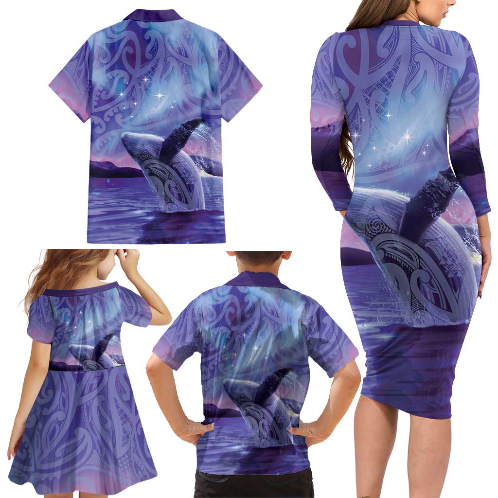 New Zealand Matariki Humpback Whale Family Matching Long Sleeve Bodycon Dress and Hawaiian Shirt Paikea Maori New Year Purple Galaxy