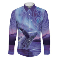 New Zealand Matariki Humpback Whale Family Matching Long Sleeve Bodycon Dress and Hawaiian Shirt Paikea Maori New Year Purple Galaxy