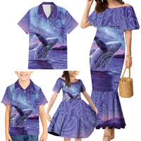 New Zealand Matariki Humpback Whale Family Matching Mermaid Dress and Hawaiian Shirt Paikea Maori New Year Purple Galaxy