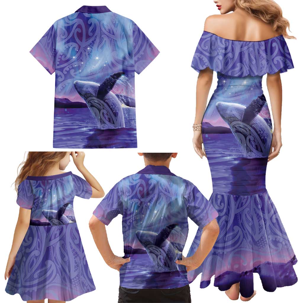 New Zealand Matariki Humpback Whale Family Matching Mermaid Dress and Hawaiian Shirt Paikea Maori New Year Purple Galaxy