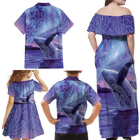 New Zealand Matariki Humpback Whale Family Matching Off Shoulder Maxi Dress and Hawaiian Shirt Paikea Maori New Year Purple Galaxy