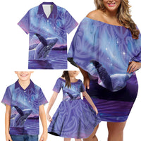 New Zealand Matariki Humpback Whale Family Matching Off Shoulder Short Dress and Hawaiian Shirt Paikea Maori New Year Purple Galaxy