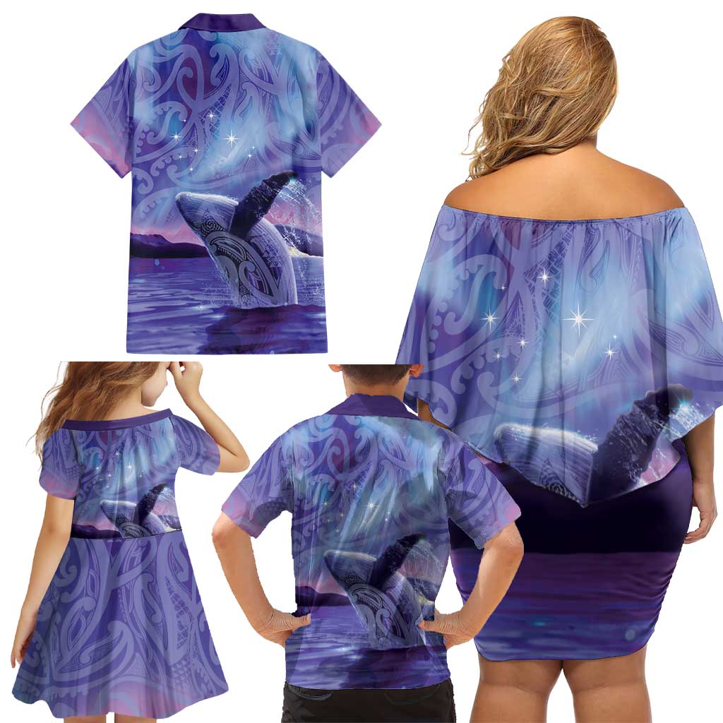 New Zealand Matariki Humpback Whale Family Matching Off Shoulder Short Dress and Hawaiian Shirt Paikea Maori New Year Purple Galaxy