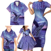 New Zealand Matariki Humpback Whale Family Matching Short Sleeve Bodycon Dress and Hawaiian Shirt Paikea Maori New Year Purple Galaxy