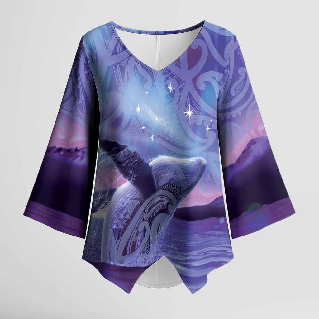 New Zealand Matariki Humpback Whale Kimono Sleeve Blouse Paikea Maori New Year Purple Galaxy
