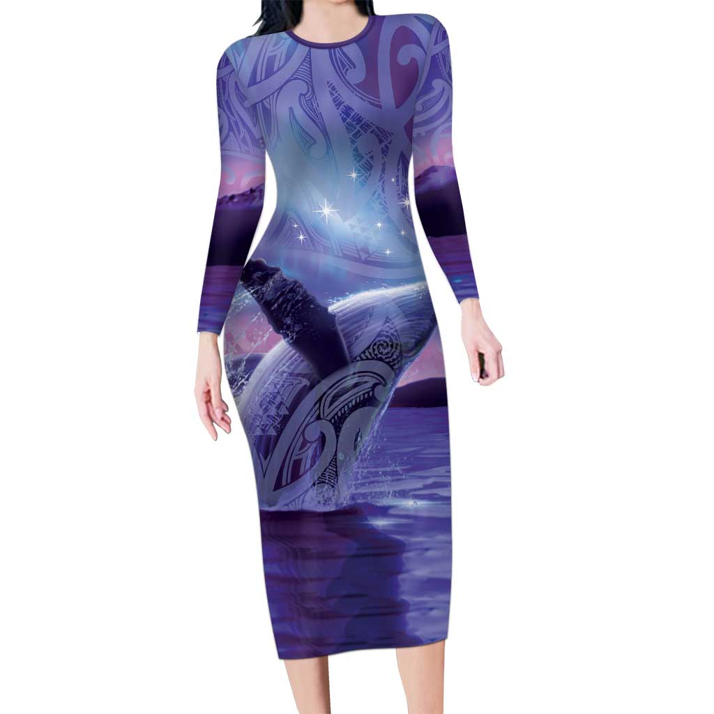 New Zealand Matariki Humpback Whale Long Sleeve Bodycon Dress Paikea Maori New Year Purple Galaxy