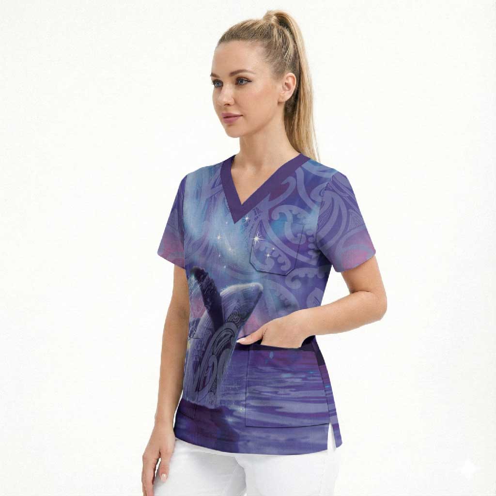 New Zealand Matariki Humpback Whale Scrub Top Paikea Maori New Year Purple Galaxy LT14 - Polynesian Pride
