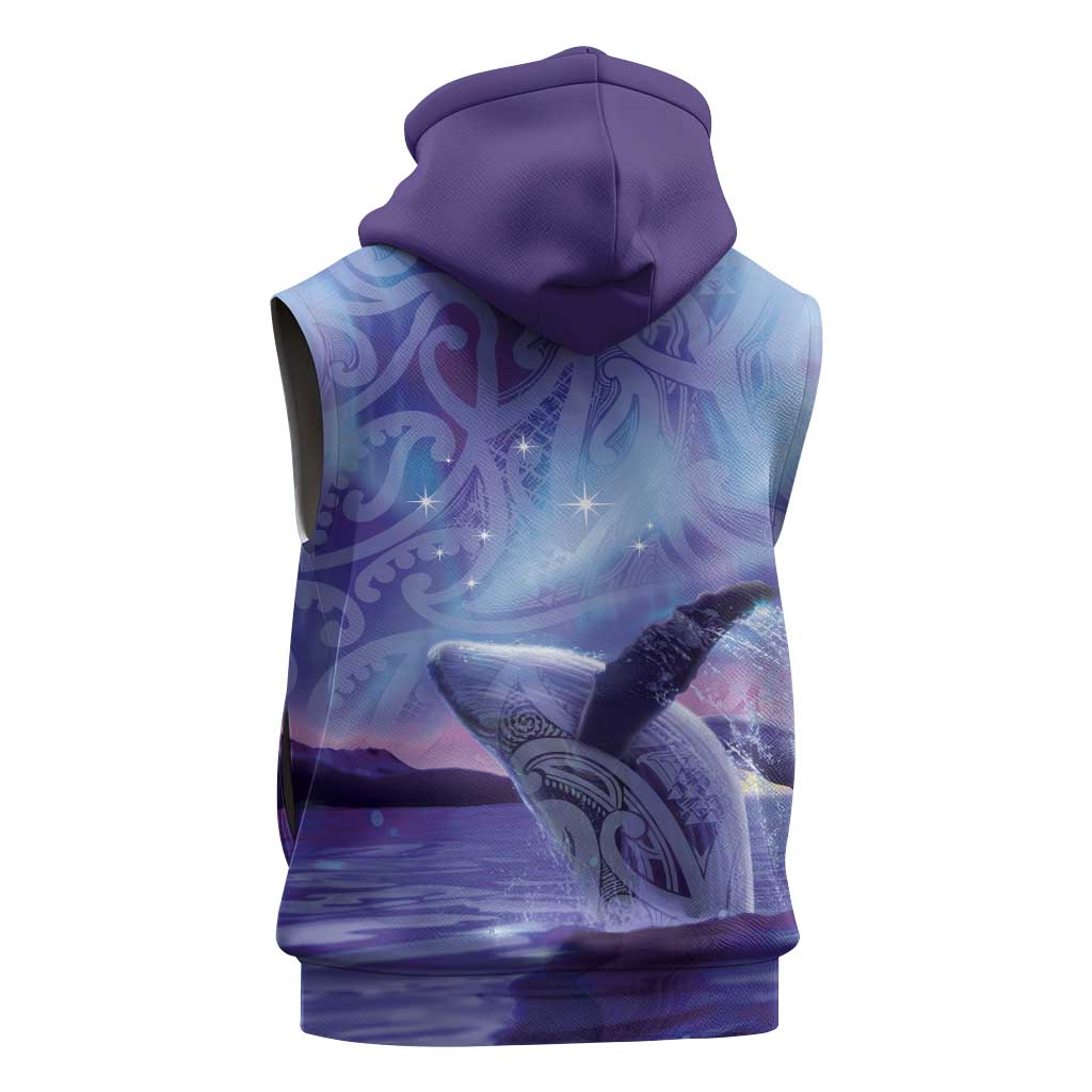 New Zealand Matariki Humpback Whale Sleeveless Hoodie Paikea Maori New Year Purple Galaxy