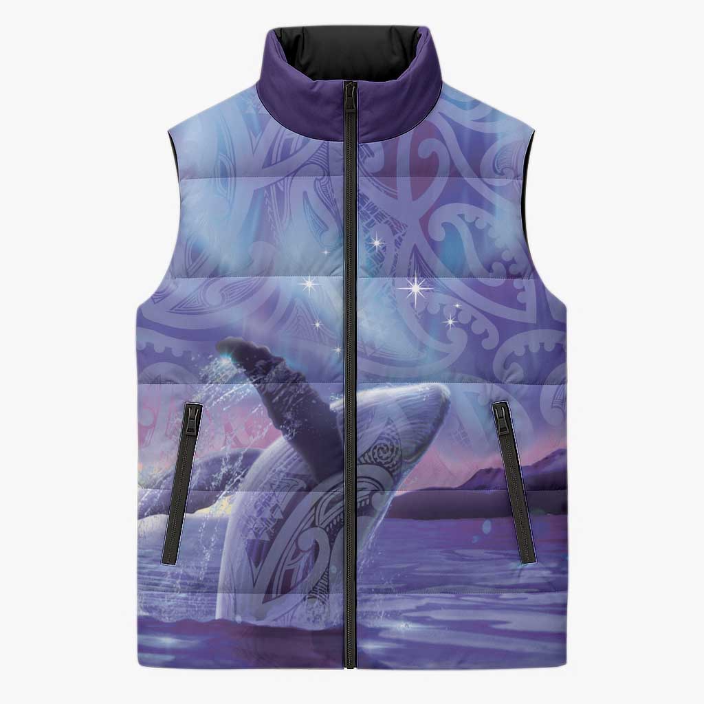 New Zealand Matariki Humpback Whale Sleeveless Puffer Jacket Paikea Maori New Year Purple Galaxy