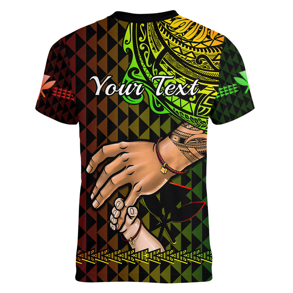 Personalised Father Day Hawaii Women V Neck T Shirt Kanaka Kakau Hauoli La Makuakane LT14 - Polynesian Pride