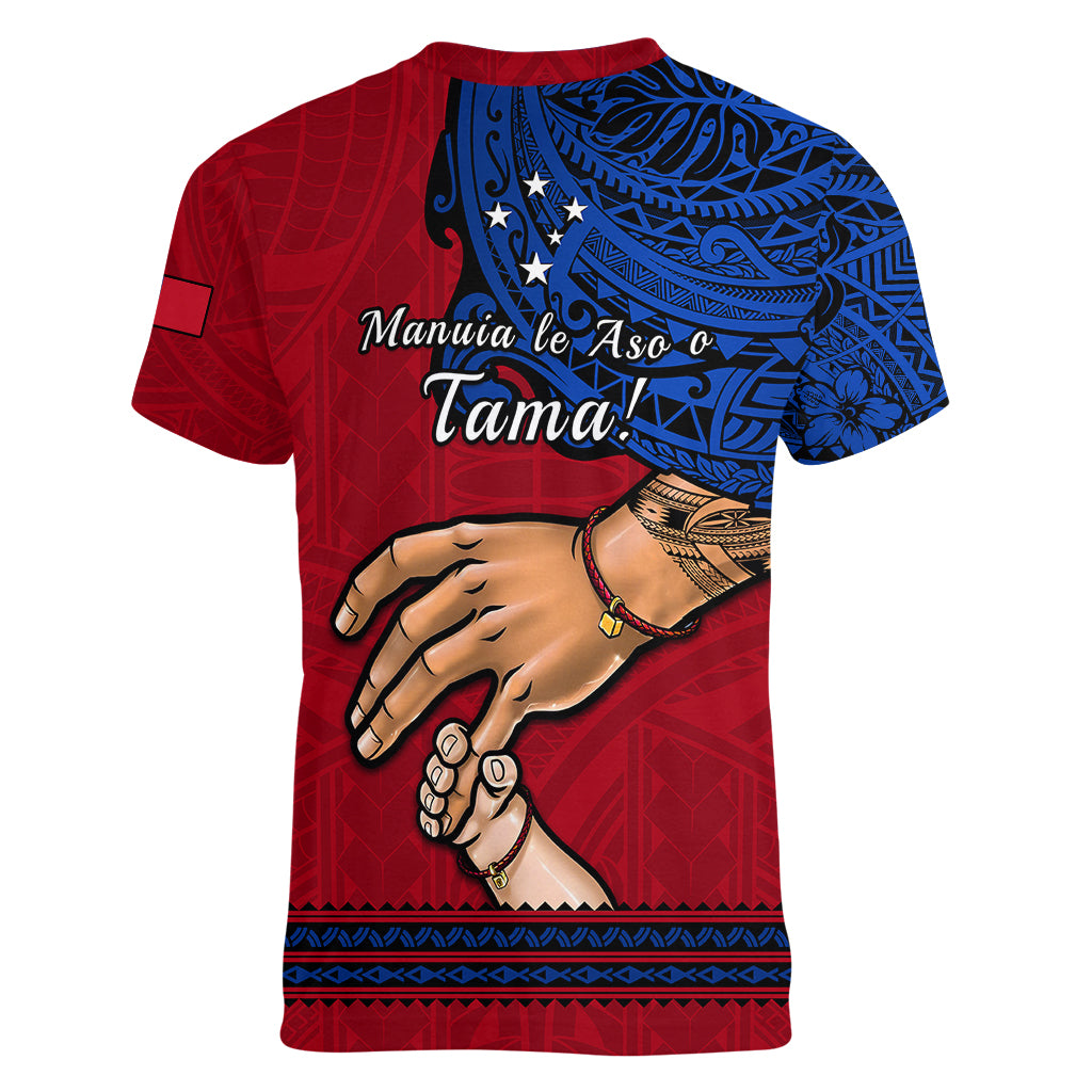 Polynesian Pride Father Day Samoa Women V Neck T Shirt Manuia le Aso Sa o Tama Red Version LT14 - Polynesian Pride