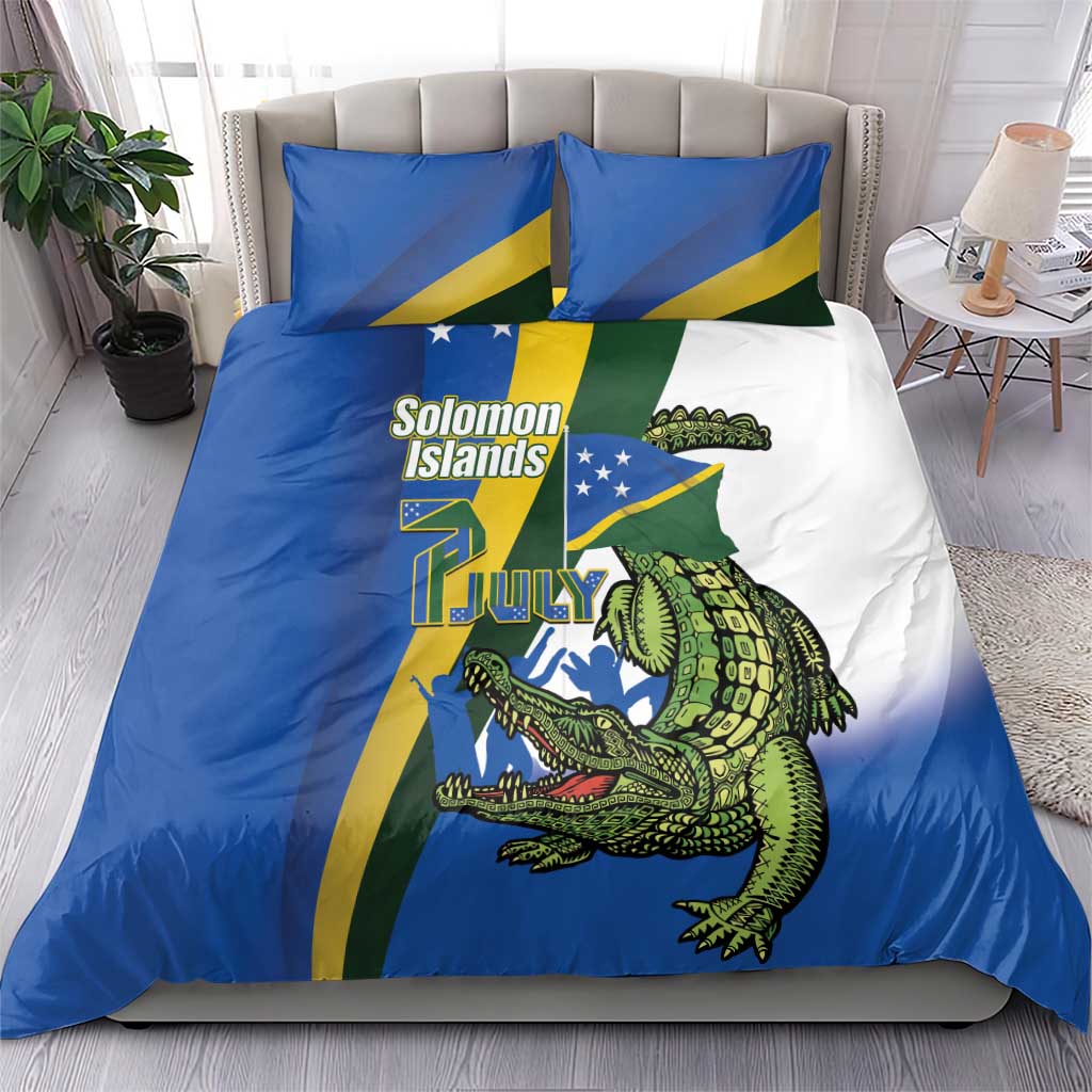 Solomon Islands Independence Day Bedding Set Happy 7 July Crocodile Flag Style