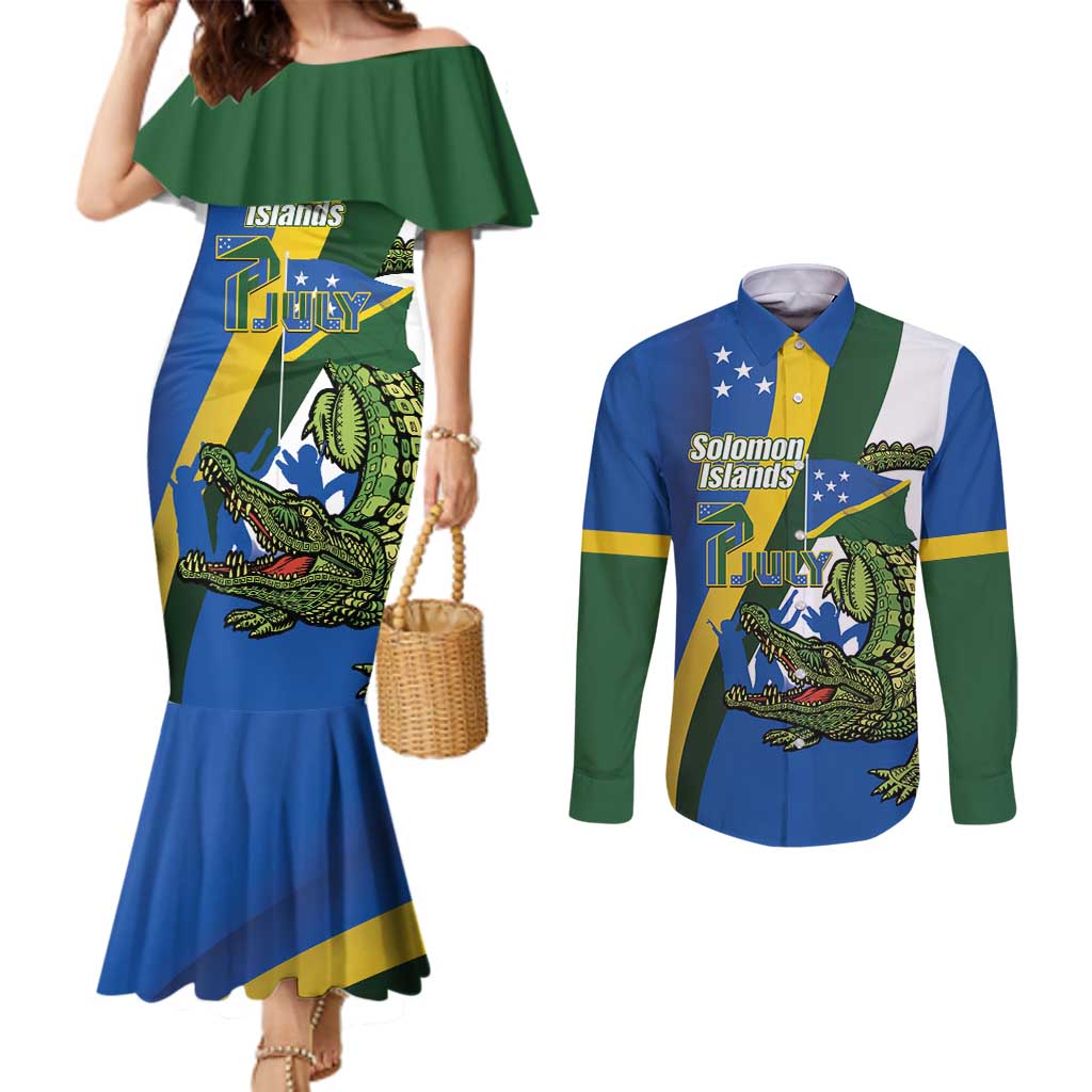 Solomon Islands Independence Day Couples Matching Mermaid Dress and Long Sleeve Button Shirt Happy 7 July Crocodile Flag Style