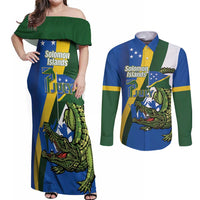 Solomon Islands Independence Day Couples Matching Off Shoulder Maxi Dress and Long Sleeve Button Shirt Happy 7 July Crocodile Flag Style