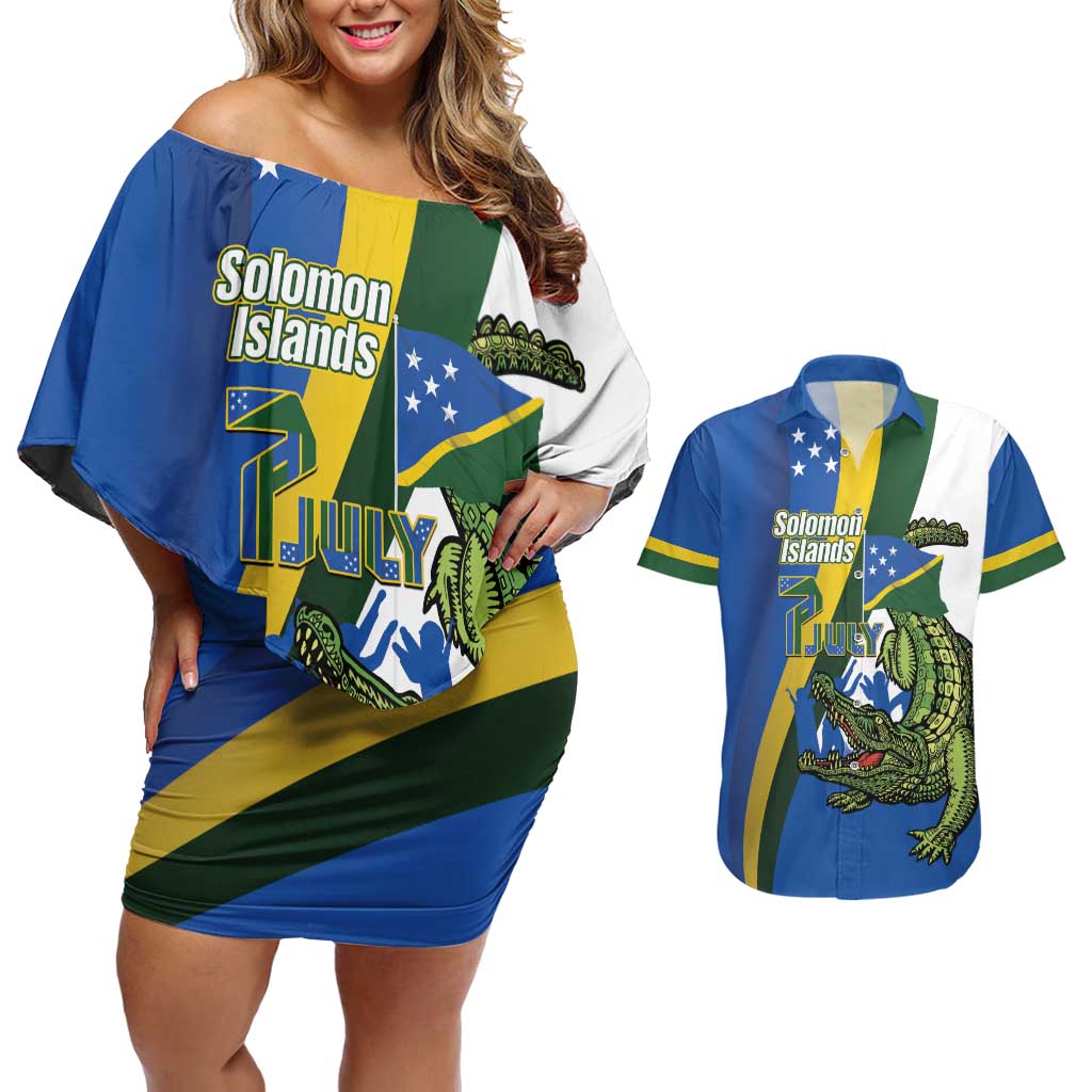 Solomon Islands Independence Day Couples Matching Off Shoulder Short Dress and Hawaiian Shirt Happy 7 July Crocodile Flag Style