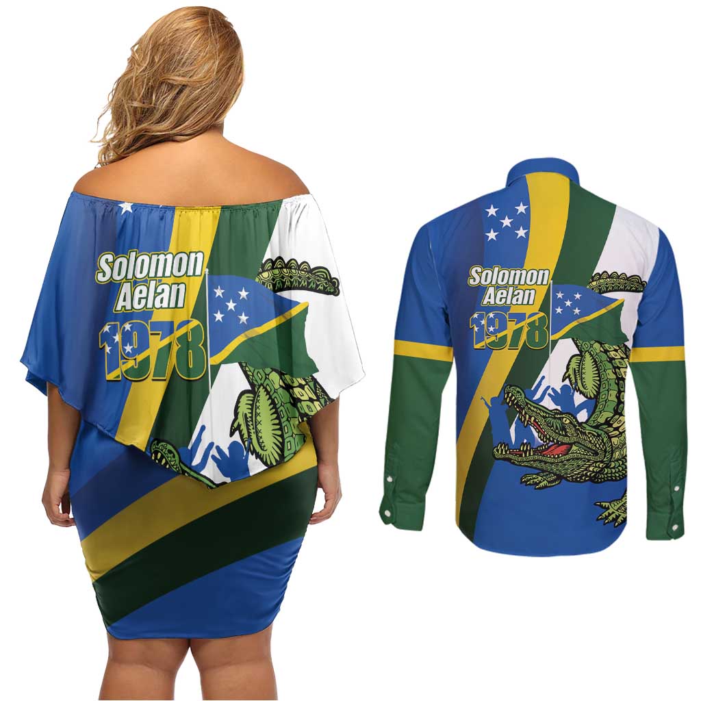 Solomon Islands Independence Day Couples Matching Off Shoulder Short Dress and Long Sleeve Button Shirt Happy 7 July Crocodile Flag Style