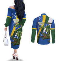 Solomon Islands Independence Day Couples Matching Off The Shoulder Long Sleeve Dress and Long Sleeve Button Shirt Happy 7 July Crocodile Flag Style