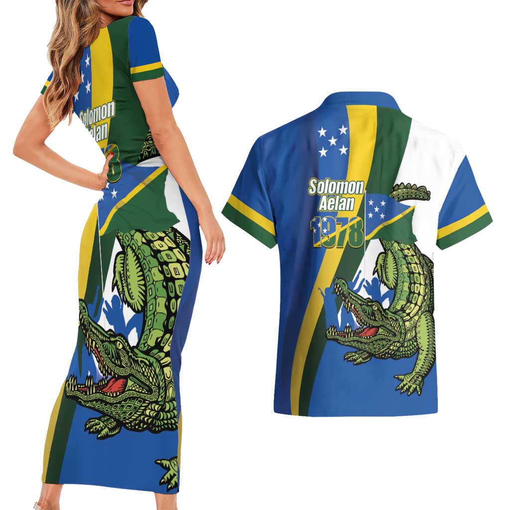 Solomon Islands Independence Day Couples Matching Short Sleeve Bodycon Dress and Hawaiian Shirt Happy 7 July Crocodile Flag Style