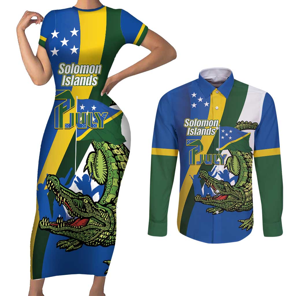 Solomon Islands Independence Day Couples Matching Short Sleeve Bodycon Dress and Long Sleeve Button Shirt Happy 7 July Crocodile Flag Style