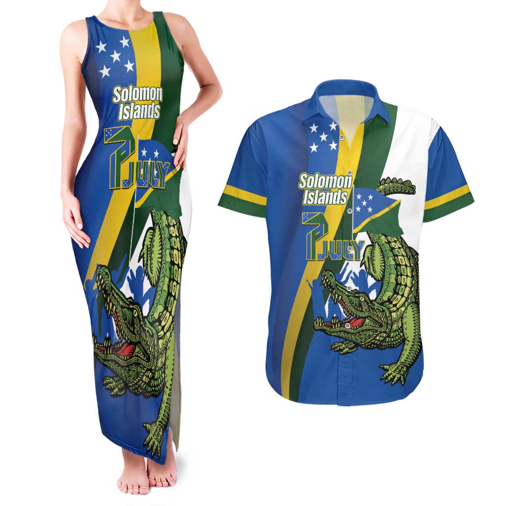 Solomon Islands Independence Day Couples Matching Tank Maxi Dress and Hawaiian Shirt Happy 7 July Crocodile Flag Style
