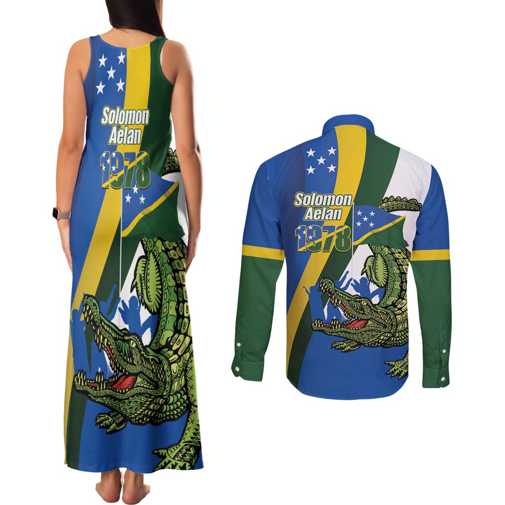 Solomon Islands Independence Day Couples Matching Tank Maxi Dress and Long Sleeve Button Shirt Happy 7 July Crocodile Flag Style