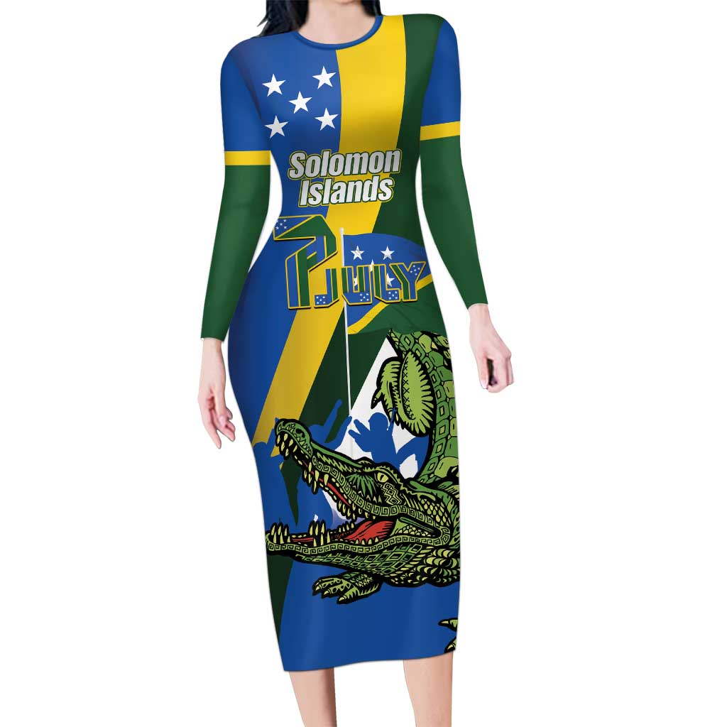 Solomon Islands Independence Day Family Matching Long Sleeve Bodycon Dress and Hawaiian Shirt Happy 7 July Crocodile Flag Style