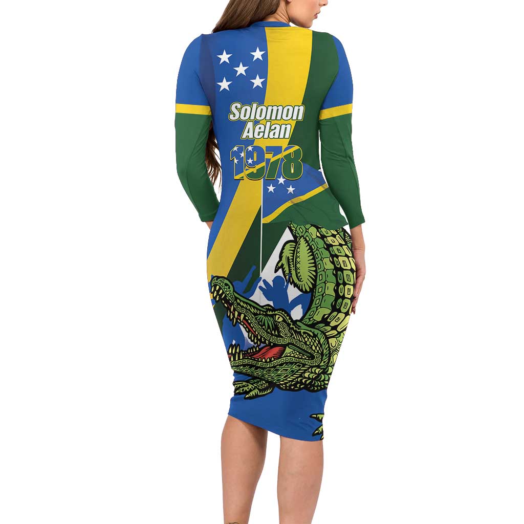 Solomon Islands Independence Day Family Matching Long Sleeve Bodycon Dress and Hawaiian Shirt Happy 7 July Crocodile Flag Style